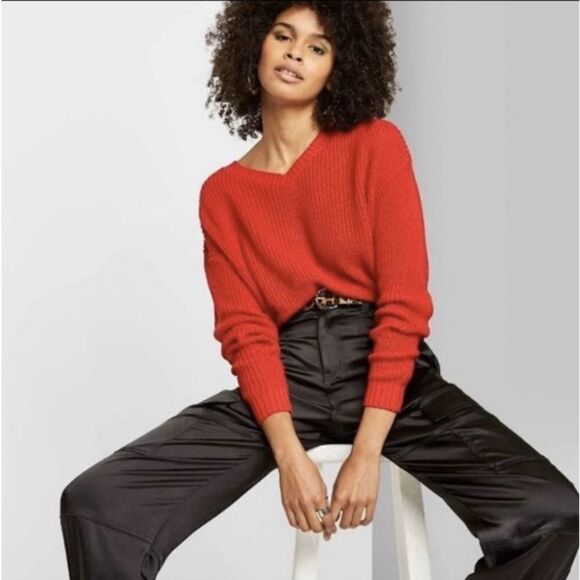 Wild Fable Sweater Cropped Knit‎ Long Sleeve V-Neck Pullover Red Large - Picture 13 of 13